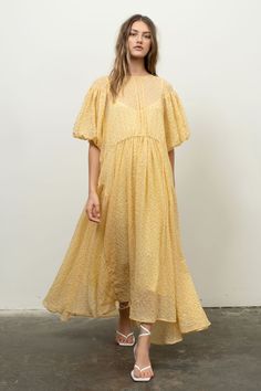 - Yellow Midi Dress - True to Size Polka Dot Maxi Dress, Polka Dot Midi Dress, Polka Dot Maxi Dresses, Balloon Sleeve Dress, Yellow Midi Dress, Vintage Clothes Women, Yellow Polka Dot, Long Evening Gowns, Maxi Dress With Sleeves