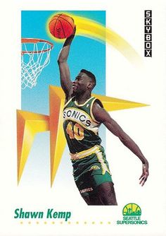 a basketball card with a man dunking a ball in the air while wearing a green and yellow uniform