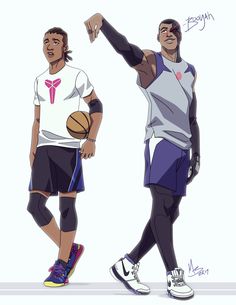 two basketball players standing next to each other with their arms in the air and one holding a basketball