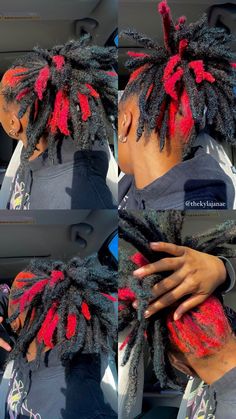 Cute Loc Styles Short Locs, Loc Dye Styles, Skunk Dyed Locs, Dread Colors Black Women, Colors To Dye Your Dreads, Dreadlocks Dye Ideas, Peekaboo Locs Red, Hair Dye Colors For Locs, Two Color Hair Dye Ideas Locs