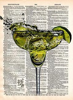 an old book page with a green drink in it's glass and lime slices on the rim