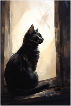 a black cat sitting in front of a window