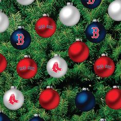 christmas ornaments with the boston red sox on them are arranged in different colors and sizes