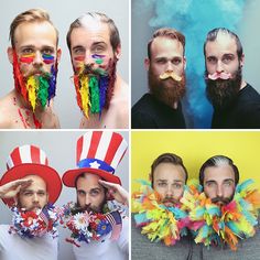 four different pictures of men with beards and hats on their faces, one is wearing an american flag hat