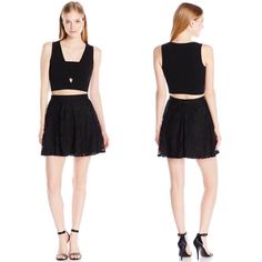 Cute, Flirty Two Piece Dress, Crop Top And Skirt Set. The Skirt Has A Back Zipper And A Beautiful Floral Lace Overlay. The Top Is Cropped, Sleeveless And Has A Cutout In Front. Either Piece Can Easily Be Worn Separately. Dressed Up Or Down, This Is A Modern, Chic Take On The Classic Little Black Dress. Size M (Juniors 11) Sorry, No Trades. Black Mini Skirt For Summer Cocktail, Chic Party Bottoms With Cut-out Waist, Cutout Bottoms For Spring Parties, Spring Party Bottoms With Cutout Details, Fitted Party Bottoms With Cut-out Waist, Flare Outfit, Dress Crop Top, Vintage Skirt Suit, Black Skirt Suit