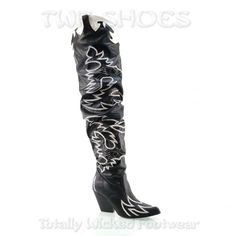 Western Over The Knee Boots pointed toe, chunky heel, faux leather upper and a thigh high slouchy fit shaft Decorated in that classic cowboy-style embroidery. (measured from US women’s size 9): Faux leather upper Man made textile lining Synthetic sole 3.5” heel height 20” shaft circumference at top 24.5” shaft height Slouchy fit pull-on shaft widens at the top Chunky western heel Pointed toe Return accepted within 30 days of purchase Please Protect the retail box with bag/box or paper & include Western Knee-high Boots For Spring, Winter Knee-high Boots For Rodeo, Spring Rodeo Knee-high Boots With Snip Toe, Spring Season Rodeo Knee-high Boots With Snip Toe, Black Knee-high Boots For Rodeo In Fall, Black Knee-high Boots For Rodeo, Spring Knee-high Boots With Snip Toe For Rodeo, Spring Rodeo Knee-high Heeled Boots, Western Black Knee-high Boots For Spring