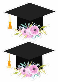 two graduation caps with flowers on them