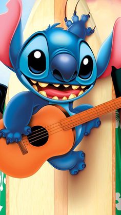 the cartoon character stitchy is playing an ukulele with other characters in the background