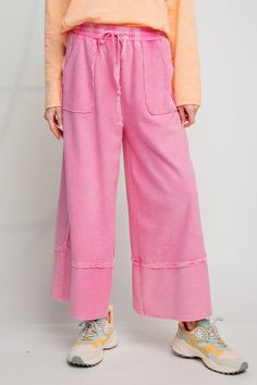 Easel Terry Palazzo Pants in Hot Pink – June Adel Cute Bottoms, Palazzo Style, Exposed Seams, Minimalist Wardrobe, Pink Pants, Boutique Brands, Look Here, Women Clothing Boutique, Cute Fits