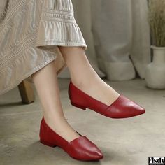 Fisdy - Stylish Genuine Leather Low-Heel Flat Shoes with Soft Bottoms and Pointed Toes - Classic Red Ladies Single Shoe Red Leather Shoes, Womens Red Shoes, Low Heel Flats, Mouth Design, Elegant Flats, Low Heel Shoes, Pointed Toe Flats, Olivia Mark, Flat Shoes