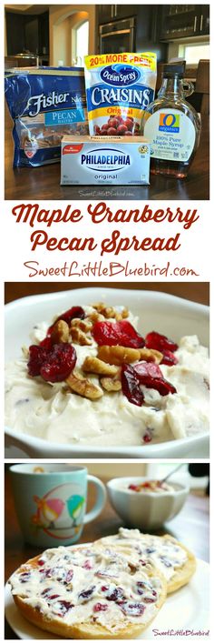 the ingredients for maple cranberry pecan spread are shown in this collage