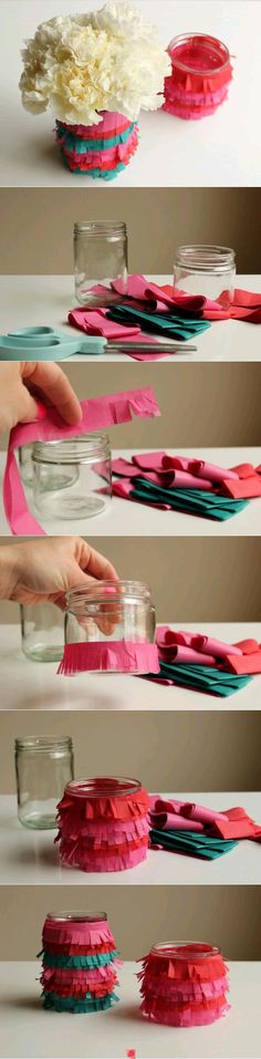 the steps to make paper flowers in vases are shown with pink and blue ribbons