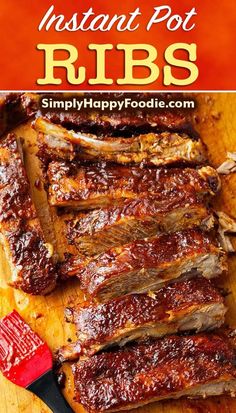 ribs on a cutting board with text overlay that reads instant pot ribs simply happy foodie