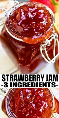 two jars filled with strawberry jam sitting next to each other