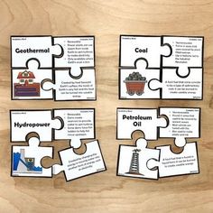 four pieces of puzzle with words describing the different types of water and land in them