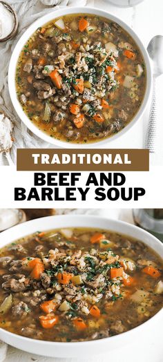 two bowls filled with beef and barley soup