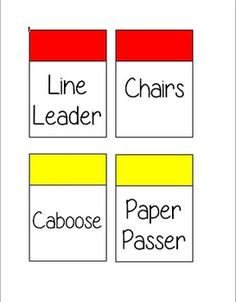 four different colored labels with the words line leader, chairs, paper passer and chair