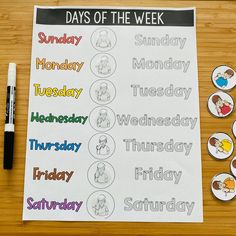 the days of the week are shown on a bulletin board with markers and pencils