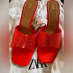 Orange Red, With Crystals. Heel’s High 8cm Red Rhinestone Sandals For Spring, Zara Heels For Summer Night Out, Red Zara Heels For Party, Zara Shoes, High Heel Sandals, Shoes Women Heels, New Color, Sandals Heels, Shoes Heels