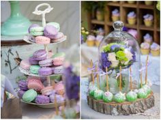 there are two pictures of cakes and cupcakes in the same photo, one is under a glass dome