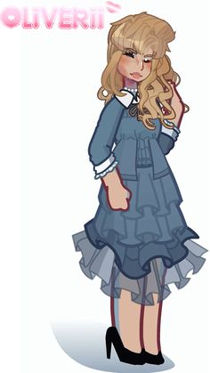 a drawing of a girl with long blonde hair wearing a blue dress and high heels