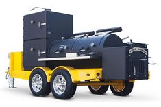 a yellow and black trailer with an oven on it's back end, in front of a white background