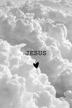 black and white photograph of clouds with the word jesus above it, surrounded by two hearts