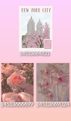 pink flowers are shown in three different pictures with the words new york city on them