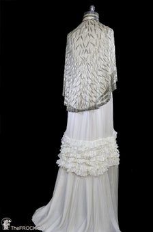 1930s Art Deco gown antique wedding dress beaded silk cape image 6 White Glamorous Flapper Dress For Wedding, Elegant White Flapper Dress For Wedding, White Gatsby Style Wedding Dress, Vintage White Floor-length Evening Dress, White Gatsby Wedding Dress, 1920s Sleeveless Flapper Wedding Dress, 1920s Style Sleeveless Flapper Dress For Wedding, 1920s Sleeveless Wedding Flapper Dress, Vintage Sleeveless Flapper Dress For Wedding