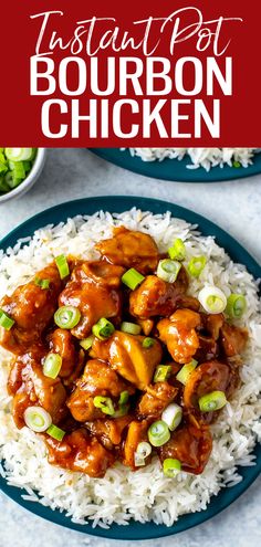 the instant pot bourbon chicken is served on top of white rice and garnished with green onions