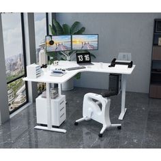 a computer desk with two monitors and a printer on it in an office space that has marble flooring