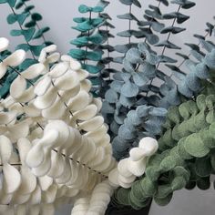 three vases filled with white and green flowers on top of a table next to each other