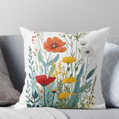 an illustration of flowers and plants on a white background throw pillow with the words, wildflowers