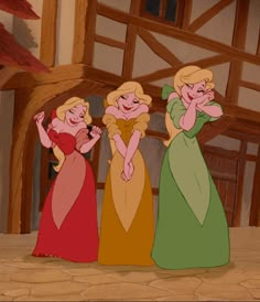 the three princesses are standing in front of an old building