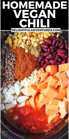 the ingredients for homemade vegan chili in a crock pot with text overlay