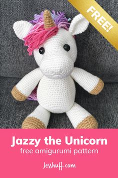 a crocheted unicorn stuffed animal sitting on top of a couch with text overlay that reads, jazzy the unicorn amigurm crochet pattern