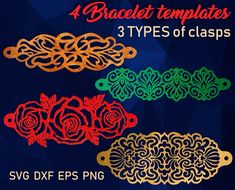 four different types of laces on a blue background with the text, 4 bracelet templates 3 types of clips