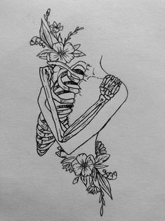 a drawing of a skeleton with flowers on it