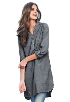 This easy, lightweight tunic is a must-have for all seasons. It's fashioned with a stylish Henley neckline and 3/4 roll-tab sleeves. An inverted back pleat gives it a relaxed silhouette that pairs perfectly with skinny jeans. Relaxed silhouetteHenley placket necklineLong sleeves with button roll tabApprox. 34" hits mid-thighCotton cambric wovenMachine wash coldImported Henley Shirt Women, Women's Henley, Henley Shirt, Wardrobe Ideas, Henley Shirts, Summer Outfits Women, Wearing Dress, Long Tops, Sweater Top