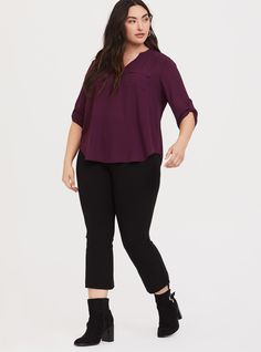 Chest pockets and tab sleeves lend polish to a smooth georgette blouse that brings graceful movement to any look from boardroom to brunch. Georgette fabric. Split neck. Concealed button placket. 3/4 roll-tab sleeves. Chest pockets. Shirttail hem. CONTENT + CAREPolyester. Wash cold; dry low. Imported plus size blouse. SIZE + FITModel is 5'11”, size 1. Size 2 measures 30” from shoulder. The best plus size women's harper georgette pullover 3/4 sleeve blouse the in highland thistle made of georgette. These dressy clothes and work-wear, office-wear, career-wear, and business-wear will make you look professional to nail your job interview and wear to work every day. Torrid is your destination for cozy fall and winter clothes to keep you warm and comfortable. Red Chucks, Tie Sleeve Blouse, Plus Size Blouse, Georgette Blouse, Career Wear, Tie Sleeve, Georgette Fabric, Tunic Shirt, Chiffon Blouse