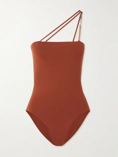 Gucci's one-shoulder swimsuit is embellished with a gold-toned chain strap branded with the house's name. It's made from smoothing stretch fabric and has high-cut legs. Double yours as a bodysuit. Ysl Swimwear, Gucci Fitted Summer Swimwear, Gucci Swimwear For Summer, Gucci Beachwear Swimwear For Summer, Elegant One Shoulder Evening Swimwear, Gucci Beachwear For Summer, Elegant One-shoulder Swimwear, Gucci Bodysuit, One Shoulder Swimsuit