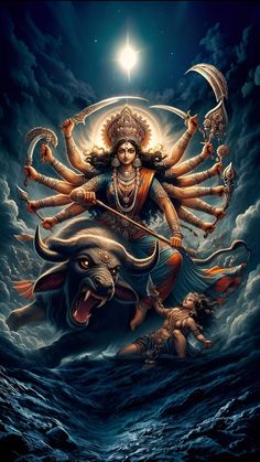 the hindu god is riding on an elephant in the ocean with his arms stretched out