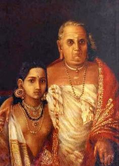 an old painting of two women in traditional dress