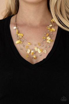 "​​Prismatic Pebbles": Dainty silver beads, yellow crystal-like beads, and shell-like yellow pebbles are fitted in place along strands of dainty wires, creating colorful layers below the collar. Features an adjustable clasp closure. Sold as one individual necklace. Includes one pair of matching earrings. Necklaces Dainty, Pebble Necklace, Pink Jewels, Yellow Necklace, Wire Necklace, Paparazzi Accessories, Paparazzi Jewelry, Pink Rhinestones, Multi Strand Necklace