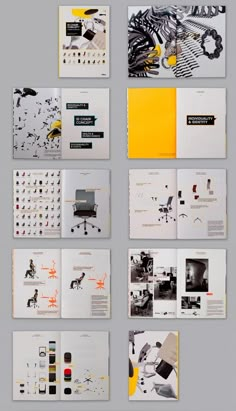 an assortment of brochures are displayed on a gray surface with yellow and black accents