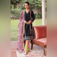 This Beautiful Party Wear Is A Must-Have For Any Woman Who Loves Pakistani Indian Fashion. Made With High-Quality Chiffon, Lace, And Sequin Materials, This Dress Is Perfect For Any Special Occasion. The Intricate Design And Attention To Detail Make It A True Masterpiece. Whether You're Attending A Wedding, A Cultural Celebration, Or Simply Want To Add Some Elegance To Your Wardrobe, This Pakistani Indian Party Wear Is Sure To Turn Heads. The Stunning Combination Of Colors And Styles Will Make You Feel Confident And Beautiful. Fitted Black Dress With Dupatta, Festive Black Silk Dress, Black Silk Dress With Dupatta, Pink V-neck Dress With Dupatta, Indian Wear Dresses, Ethnic Indian Wear, Dresses Pakistani, Indian Party, Indian Party Wear