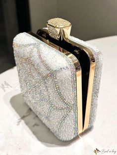 Bird in Bag - Elegant White Rhinestone Embellished Lady's Clutch Box Handbag Bedazzled Rectangular Evening Bag For Parties, Luxury Portable Box Bag For Evening, White Rectangular Box Bag For Evening, White Rectangular Evening Box Bag, White Rectangular Case Box Bag For Evening, Luxury White Box Bag For Party, Glamorous Bedazzled Rectangular Evening Bag, Luxury Bedazzled Rectangular Bag, Square Embellished Bags For Formal Occasions