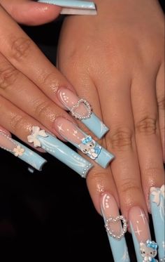 Royal Blue Hello Kitty Nails, Hello Kitty Nails Acrylic Blue, Light Blue Hello Kitty Nails, Coffin Nails With Charms, Baby Blue Square Nails, Blue Hello Kitty Nails, Blue Coquette Nails, Kawaii Nails Acrylic