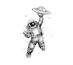 an astronaut is holding up a small object in the air with his hands and legs