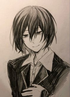 a pencil drawing of a guy with long hair and a leather jacket holding his hand on his chest